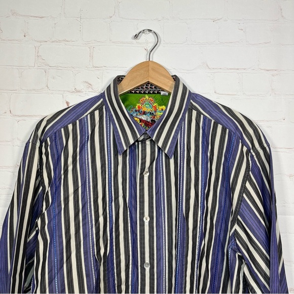 Robert Graham Shirt Mens XL Purple Stripe Button Up Classic Fit Flip Cuff - Picture 2 of 15